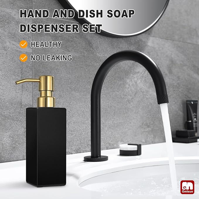 GMISUN Gold Soap Dispenser, Black Soap Dispenser Bathroom with Stainless Steel Pump, Hand and Dish Soap Dispensers Set for Kitchen, 12 fl oz/350ml Glass Liquid Refillable Lotion Dispenser Bottle - Image 5