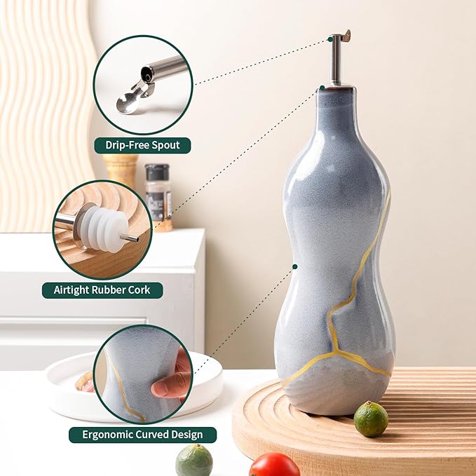 BosilunLife Ceramic Olive Oil Dispenser Bottle, 14 Oz Oil Cruet with Elegant Gold Accent & Curved Ergonomic Design, Non‑Drip Vinegar Bottle for Kitchen & Dining, Light Blue