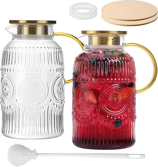 2 Pack Vintage Glass Pitchers with Lid, 68oz/ 2 Liter Glass Water Pitcher with Handle and Lid for Fridge, Iced Tea, Coffee, Borosilicate Glass Carafe for Hot/Cold Brew Drink