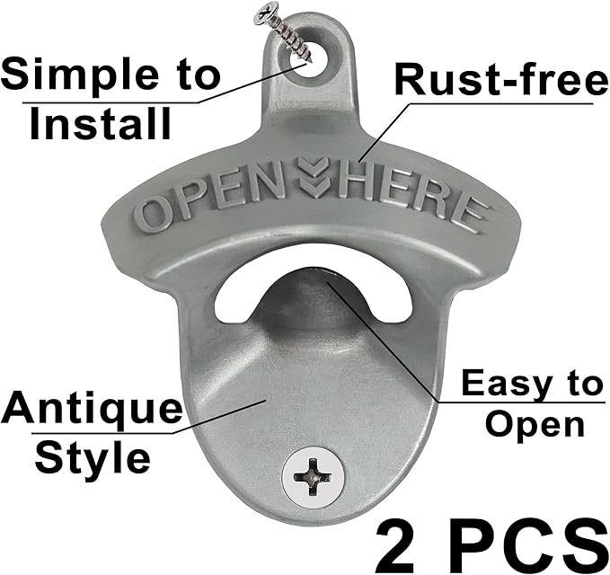 Old Style Wall Mounted Bottle Opener, Rustic Silver Rustproof Screw in Wall Bottle Opener Set for Patio Kitchen (2 PCS) - Image 2