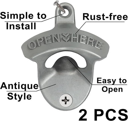 Old Style Wall Mounted Bottle Opener, Rustic Silver Rustproof Screw in Wall Bottle Opener Set for Patio Kitchen (2 PCS) - Image 2