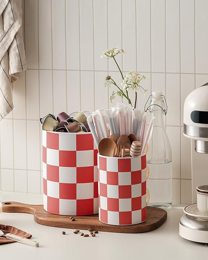 Utensil Holder，7.1"+5.8" Ceramic Kitchen Utensil for Counter top, Checkered Cooking Utensil Holder for Spatula & Spoon, Kitchen Decor, Set of 2 (Red Checkered) - Image 7