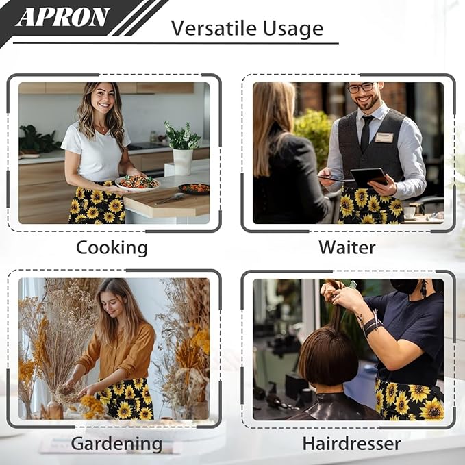 Server Apron with 3 Pockets, Waterproof Oil Waitress Waiter Half Apron for Restaurant Hotel Kitchen Cafe