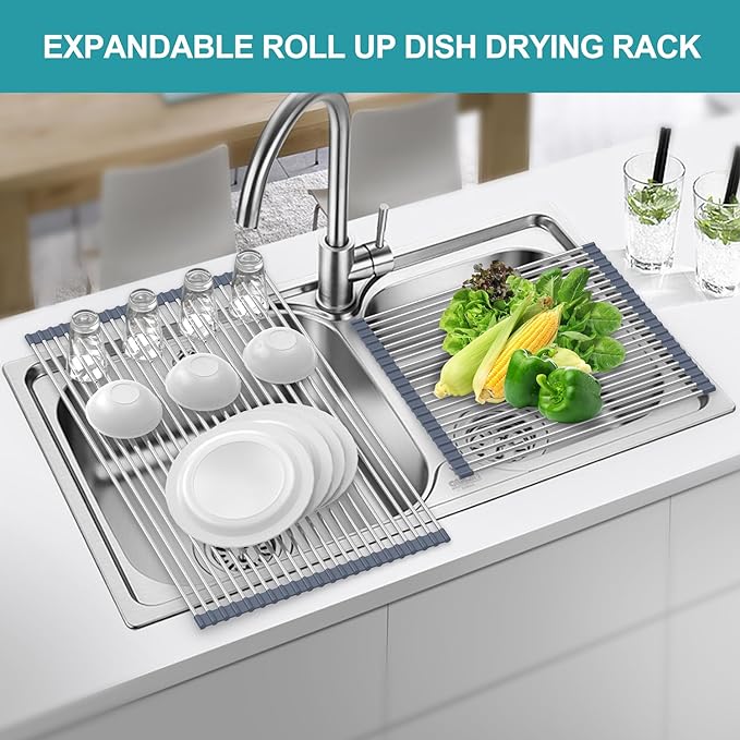 BBXTYLY Extra Large Expandable Roll Up Dish Drying Rack,Over The Sink Drying Rack Sink Cover Kitchen Sink Accessories Kitchen Rolling up Stainless Steel Drainer, Foldable,Rollable（Grey，25.1''-17.3''） - Image 3
