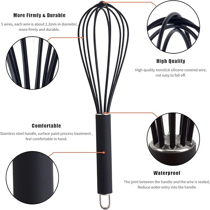 GorGin high temperature and easy to clean silicone whisk, stirrer, 10 inch, grip good grip design for Blending Whisking Beating Stirring Cooking Baking (1 Pack | black) - Image 2