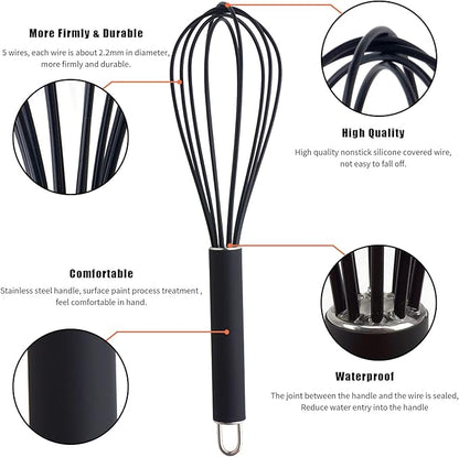 GorGin high temperature and easy to clean silicone whisk, stirrer, 10 inch, grip good grip design for Blending Whisking Beating Stirring Cooking Baking (1 Pack | black) - Image 2