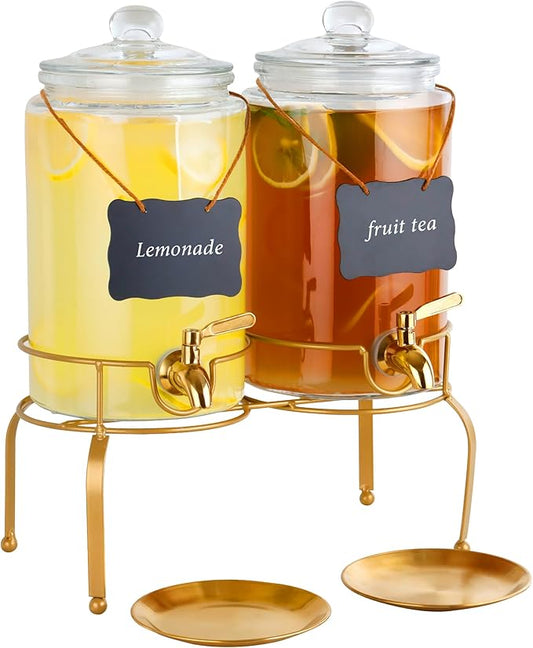 Drink Dispensers for Parties, 2 Pack 1 Gallon Beverage Dispenser with Stand, Drink Dispenser With Glass Lid, juice dispensers for parties by Quald