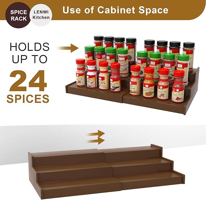 Lenwi Spice Rack Organizer for Cabinet 2 Pack, 3 Tier Expandable Bamboo Spice Storage for Kitchen Cupboard Pantry, Brown - Image 3