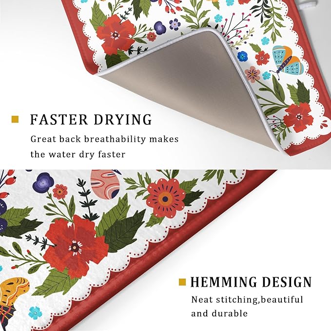 Large Microfiber Dish Drying Mat Red Floral Absorbent Drying Pad for Kitchen Counter - Image 3