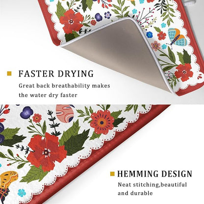 Large Microfiber Dish Drying Mat Red Floral Absorbent Drying Pad for Kitchen Counter - Image 3