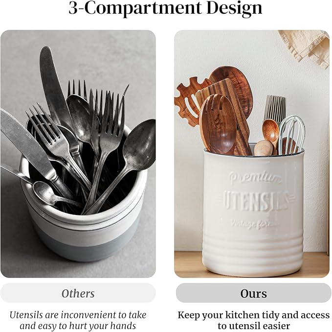 DOWAN 3 Compartment Kitchen Utensil Holder, 7.2″ Extra-Large Ceramic Stable Utensil Caddy, Rustic Cooking Utensil Crock for Farmhouse Kitchen Décor, Utensil Holder for Countertop - Image 5