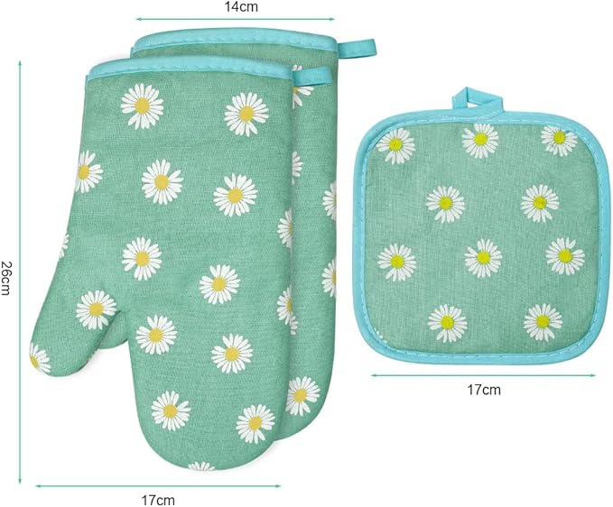 AUAUY Oven Mitts and Potholders, BBQ Gloves Heat Resistant, 1 Pair Oven Mitts and 2 Pot Holders, Cotton Non-Slip Cooking Gloves Home Essentials for Cooking Baking Kitchen Microwave Pizza (Daisy-Green) - Image 8