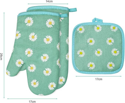 AUAUY Oven Mitts and Potholders, BBQ Gloves Heat Resistant, 1 Pair Oven Mitts and 2 Pot Holders, Cotton Non-Slip Cooking Gloves Home Essentials for Cooking Baking Kitchen Microwave Pizza (Daisy-Green) - Image 8