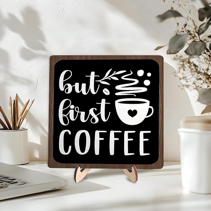 Vintage Coffee Bar Wooden Plaque Desk Sign, Farmhouse Wood Plaque Tabletop Decor for Cafe Bar Kitchen Office,Coffee Station Accessories 5.9x5.9Inch - Image 3