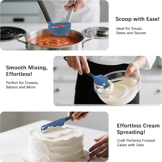 Coukre Silicone Kitchen Cooking Utensils Set with Holder – Heat-Resistant, Food-Grade Kitchen Tools, Spatula, Spoon & Gadgets for Non-Stick Pans, Dishwasher Safe (14, DarkBlue) - Image 4
