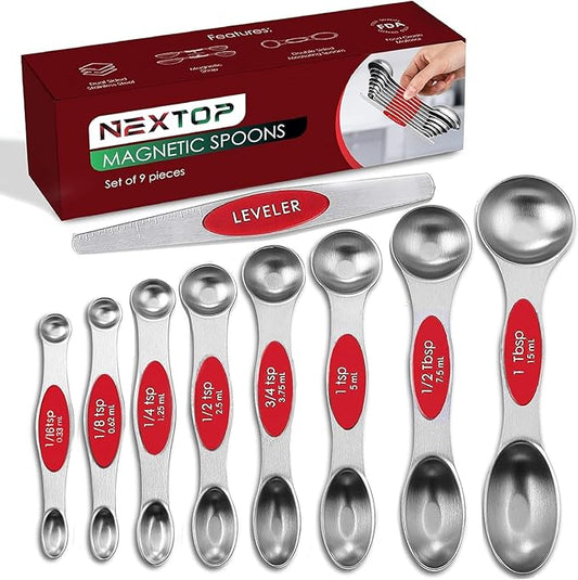 Magnetic Measuring Spoons Set of 9 Stainless Steel Dual-Sided Stackable Measuring Spoon Nesting Teaspoons Measuring Dry and Liquid Ingredients, Fits in Spice Jars Set of 9 (Red) by Nextop