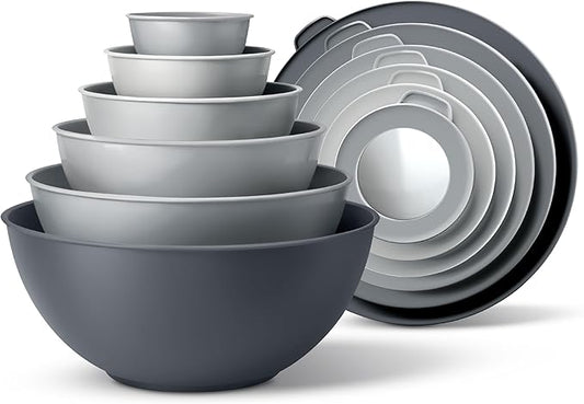 COOK WITH COLOR Mixing Bowls Set with TPR Lids - 12 Piece Plastic Nesting Bowls Set includes 6 Prep Bowls and 6 Lids, Microwave Safe (Grey) by CookwithColor