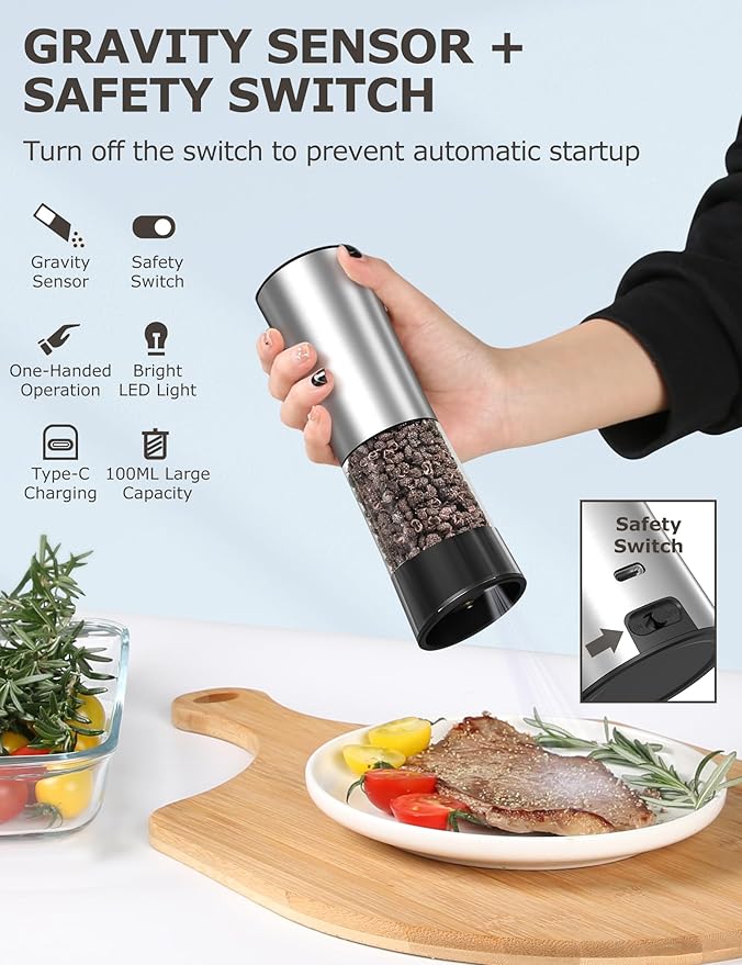 innhom Gravity Electric Salt and Pepper Grinder Set Stainless Steel Salt Grinder Pepper Mill Automatic Salt and Pepper Grinder Set with Adjustable Coarseness