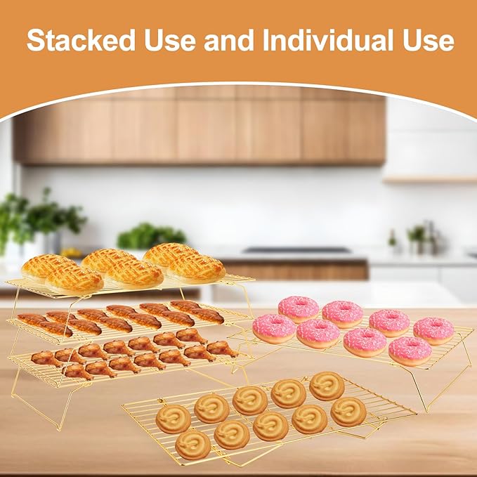 Cooling Rack for Baking 3 Tiers, 16" x 10" Cookie Cooling Wire Rack Stackable Collapsible Nonstick, Stainless Steel Baking Cooking Cooling Racks with Optimum Air Flow, Gold - Image 7