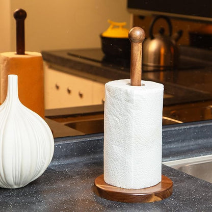 14" Acacia Wooden Paper Towel Holder, 6.7" Large Heavy Base Wooden Kitchen Paper Towel Roll Stand Organizer Free Standing, Rustic Farmhouse Paper Towel Holder Stand, Standing Paper Towel Roll Holders