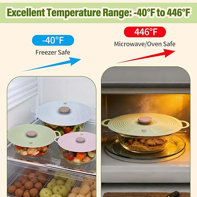 Silicone Lids for Bowl 3 Pack, Microwave Splatter Cover with 3 Sizes Reusable Heat Resistant Lids Fits Bowls, Plates, Pots, Pans, Skillets, Stove Top, Oven, Fridge Dishwasher Safe - Image 4