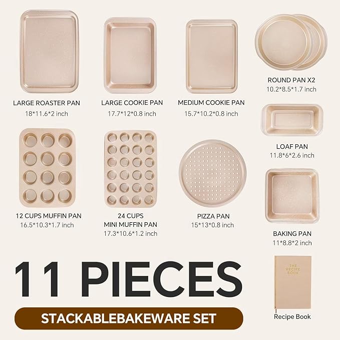 11 Piece Baking Set | Nonstick & Non Toxic Bakeware Sets Baking Pans Set | Carbon Steel Baking Supplies Include Notebook, Cookie Sheets, Roasting Pan, Muffin Pan, Cake Pan, Pizza Pan, Loaf Pan