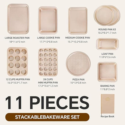 11 Piece Baking Set | Nonstick & Non Toxic Bakeware Sets Baking Pans Set | Carbon Steel Baking Supplies Include Notebook, Cookie Sheets, Roasting Pan, Muffin Pan, Cake Pan, Pizza Pan, Loaf Pan