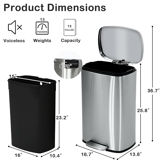 50 Liter / 13 Gallon Kitchen Trash Can, Stainless Steel with Lid, Foot Pedal and Inner Bucket, Fingerprint-Resistant Soft Close Lid Garbage Can, Odor Proof and Hygienic - Image 6