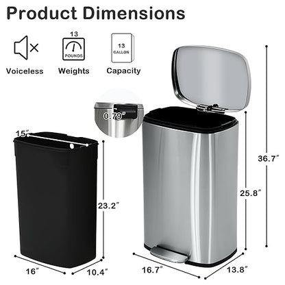 50 Liter / 13 Gallon Kitchen Trash Can, Stainless Steel with Lid, Foot Pedal and Inner Bucket, Fingerprint-Resistant Soft Close Lid Garbage Can, Odor Proof and Hygienic - Image 6