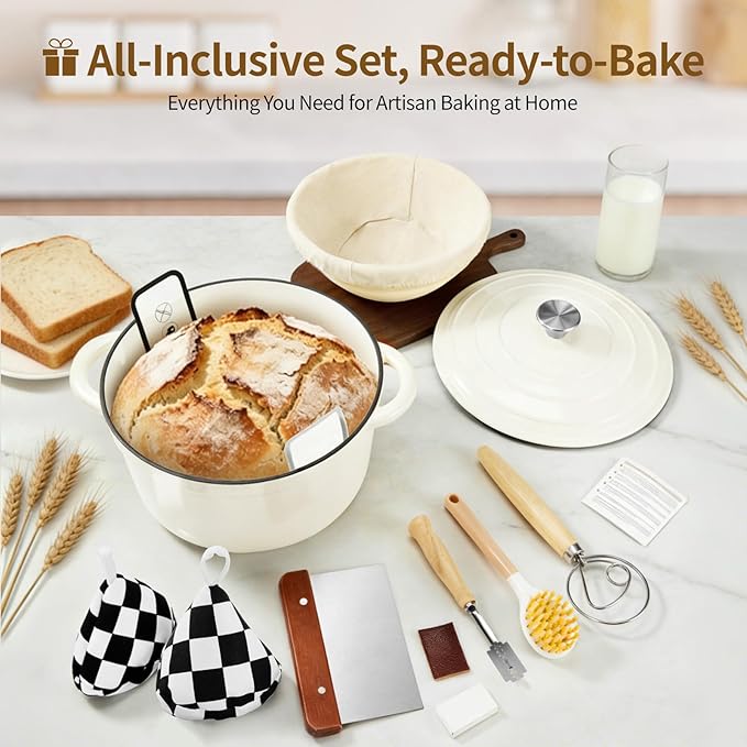 Enameled Cast Iron Dutch Oven with Lid -6.5 QT, incl. Sourdough Bread-Baking Supplies like Banneton Proofing Basket, Heavy Duty Cookware Bread-Oven for Baking, Stews, and Roasting, Cream White - Image 2