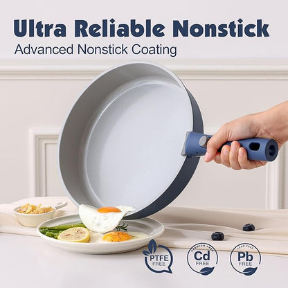 SENSARTE 17 Piece Ceramic Pots and Pans Set, Nonstick Detachable Handle Cookware, Induction Kitchen Cookware Set with Removable Handle, Dishwasher ＆ Oven Safe (Navy) - Image 4