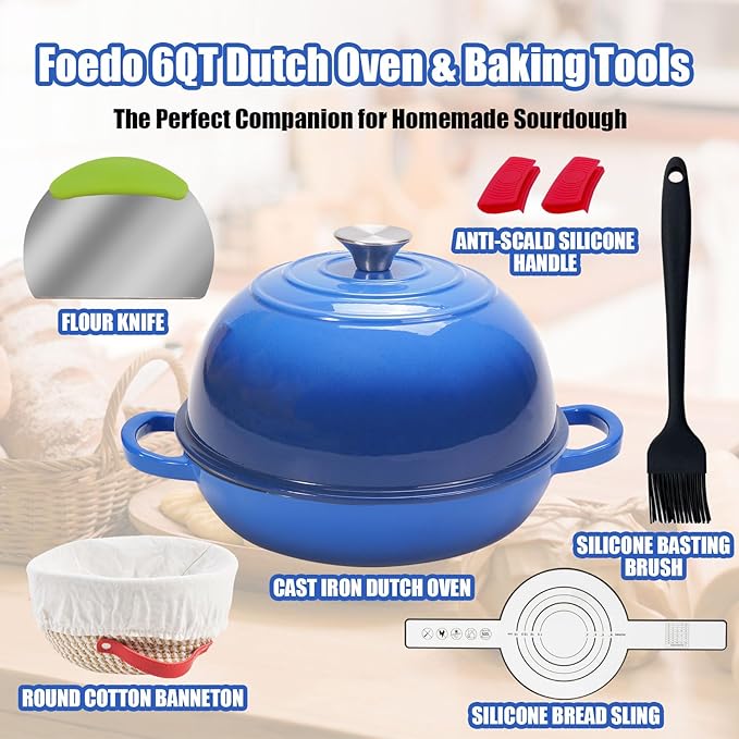 6QT Enameled Cast Iron Dutch Oven for Bread Baking – Sourdough Starter Kit with Cotton Basket, Bread Sling, Lame, Brush & Handle Cover – Multi-Purpose Pot for Baking, Frying, Braising – Blue
