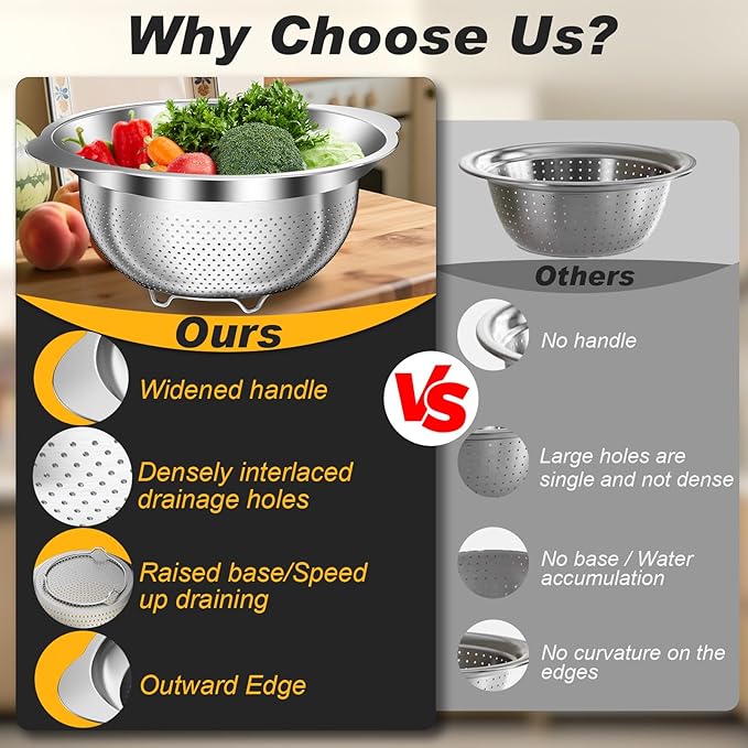 Colander, Stainless Steel Colander for Kitchen, 3Pcs Kitchen Gadget Food Strainer Basket with Handle, Kitchen Strainer Colanders Bowl for Pasta Noodles Spaghetti Vegetables Fruit (2QT, 3QT, 5QT) - Image 2