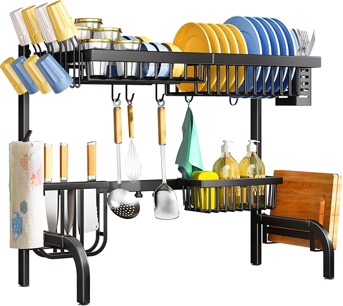 SAYZH Over The Sink Dish Drying Rack, Adjustable (25.5 to 33.5 inch) 2 Tier Metal Steel Dish Drying Racks for Kitchen Counter with Hooks Paper Towel Utensil Cup Holder Sink Caddy (Black) - Image 7