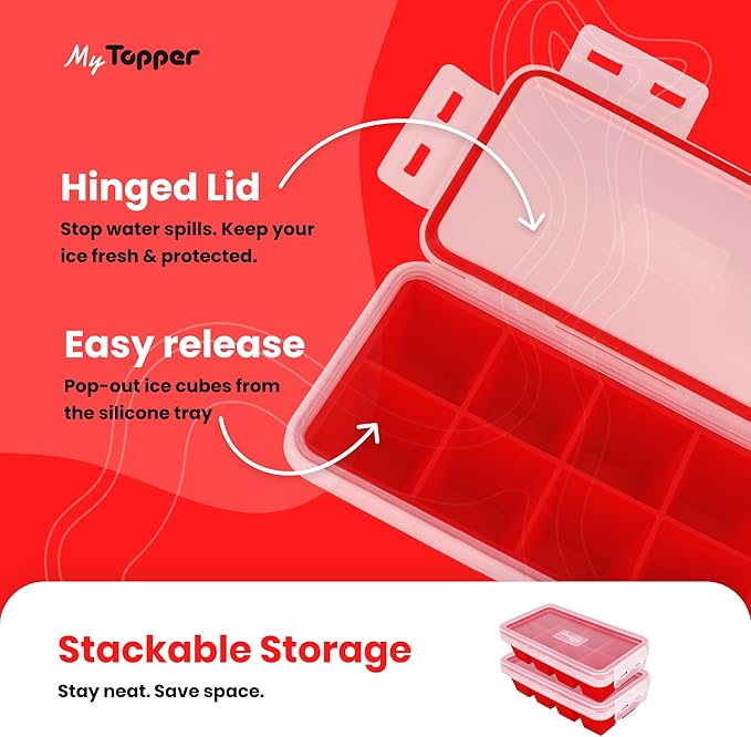 IceTopper XL Ice Cube Tray with Attached Lids - Easy Release Ice Cube Molds, 8 Large Cubes per Tray, Stackable, Microwave & Dishwasher Safe, 100% Food Grade Silicone, BPA Free & Recyclable (2 Pack)
