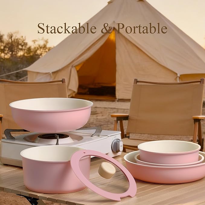 CAROTE Pots and Pans Set, Nonstick Cookware Set Detachable Handle, 19pcs Induction Kitchen Cookware Sets Non Stick with Removable Handle, RV Cookware Set, Oven Safe, Pink - Image 5