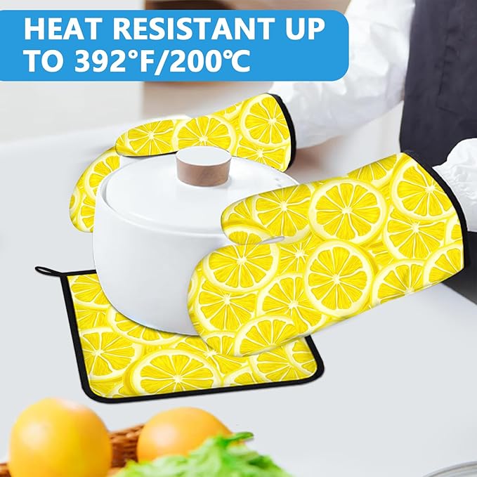 Watercolor Lemon Oven Mitts and Pot Holders Sets Heat Resistant 4Pcs Potholders Oven Gloves Hot Pads for Kitchen Baking Cooking Grilling BBQ