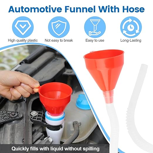 6 Pcs Automotive Funnels Set, Plastic Fuel Funnels with Hose, Wide Mouth Flexible Oil Funnels for Automotive Use Filling Water/Gasoline/Coolant/Engine Oil