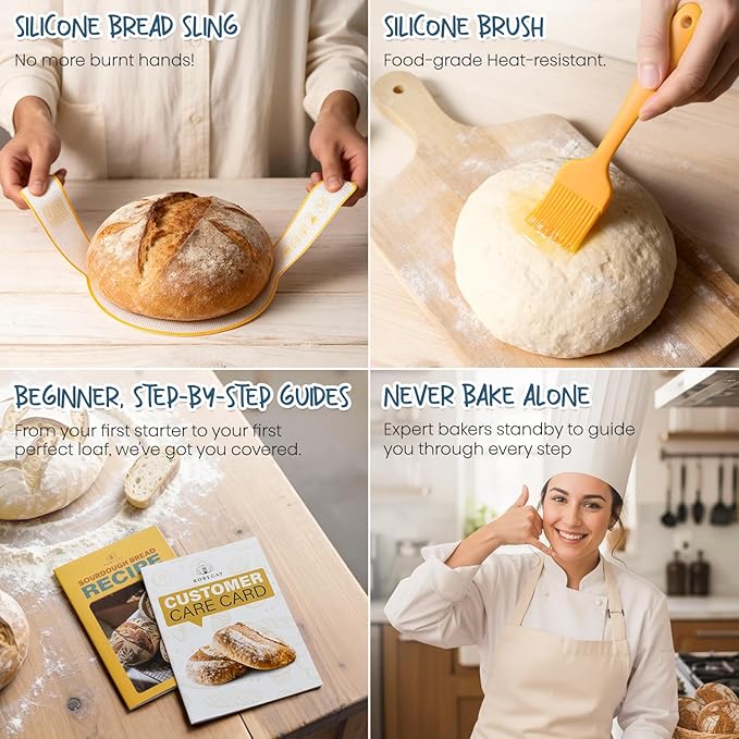 Sourdough Starter Kit, Banneton Bread Proofing Basket Set with 24oz Starter Jar, Sourdough Bread Baking Supplies with 9'' Round Banneton Baskets, Bread Making Baking Tools Gifts for Bakers - Image 6