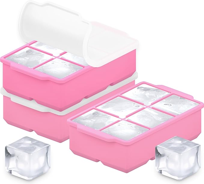 KitchFort Large Silicone Ice Cube Tray (3-Pack), Easy Release 2" Big Ice Cubes - Cocktail, Whiskey Ice Cubes Mold - Ice Trays for Freezer with Lid - Stackable Silicone Ice Tray - Pink by KitchFort