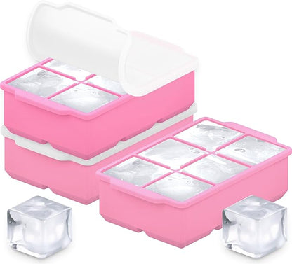 KitchFort Large Silicone Ice Cube Tray (3-Pack), Easy Release 2" Big Ice Cubes - Cocktail, Whiskey Ice Cubes Mold - Ice Trays for Freezer with Lid - Stackable Silicone Ice Tray - Pink by KitchFort