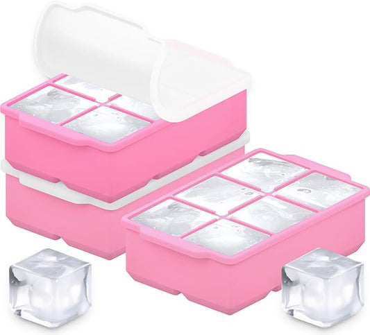 KitchFort Large Silicone Ice Cube Tray (3-Pack), Easy Release 2" Big Ice Cubes - Cocktail, Whiskey Ice Cubes Mold - Ice Trays for Freezer with Lid - Stackable Silicone Ice Tray - Pink by KitchFort
