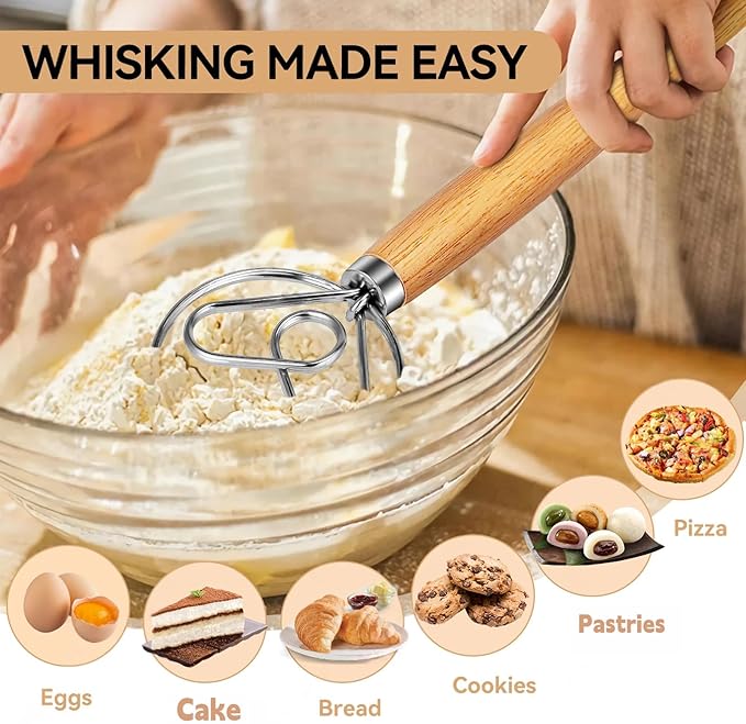 TEEVEA Danish Dough Whisk for Sourdough Bread, Wooden Handle Stainless Steel Mixing Tool - Image 3
