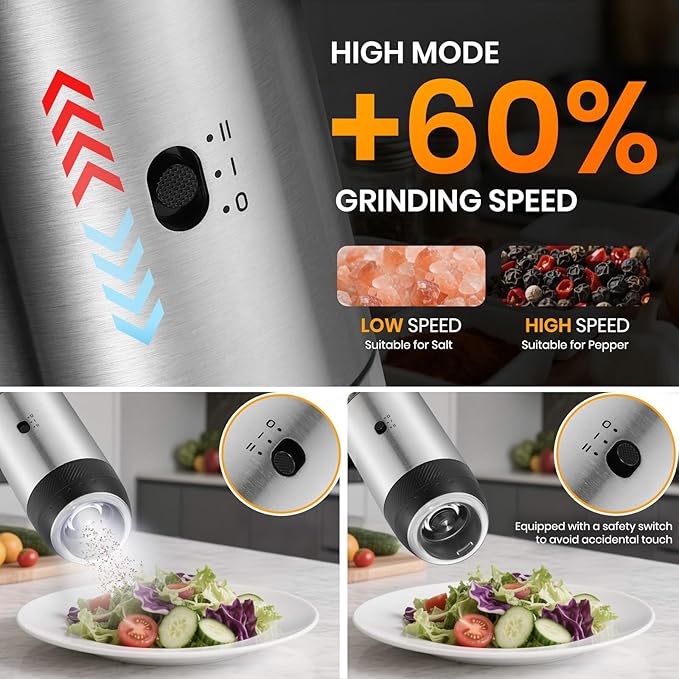 Rechargeable Gravity Electric Salt Grinder Set with Variable Grinding Speed, External Adjustable Coarseness,Charging Base and White LED Light,Stainless Steel - Image 4