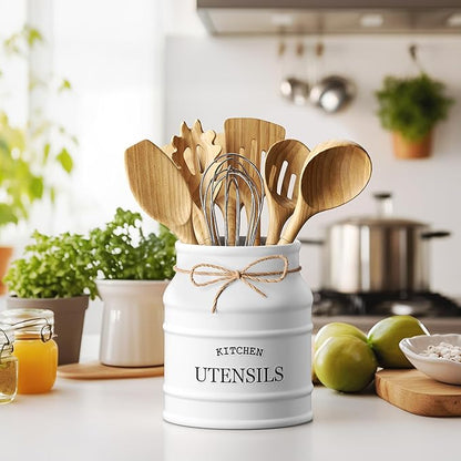 Barnyard Designs Ceramic Farmhouse Utensil Holder for Kitchen Counter, Large Rustic Utensil Crock, Countertop Cooking Tool Spatula Organizer, 6.75” (White) - Image 2