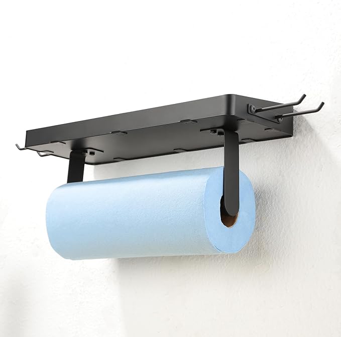 ZUNTO Garage Paper Towel Holder with Shelf, Black Stainless Steel Paper Towel Rack with Hooks, Wall Mount Paper Towel Holder for Kitchen, Garage Organization and Storage - Image 5