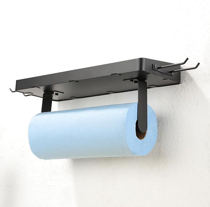 ZUNTO Garage Paper Towel Holder with Shelf, Black Stainless Steel Paper Towel Rack with Hooks, Wall Mount Paper Towel Holder for Kitchen, Garage Organization and Storage - Image 5