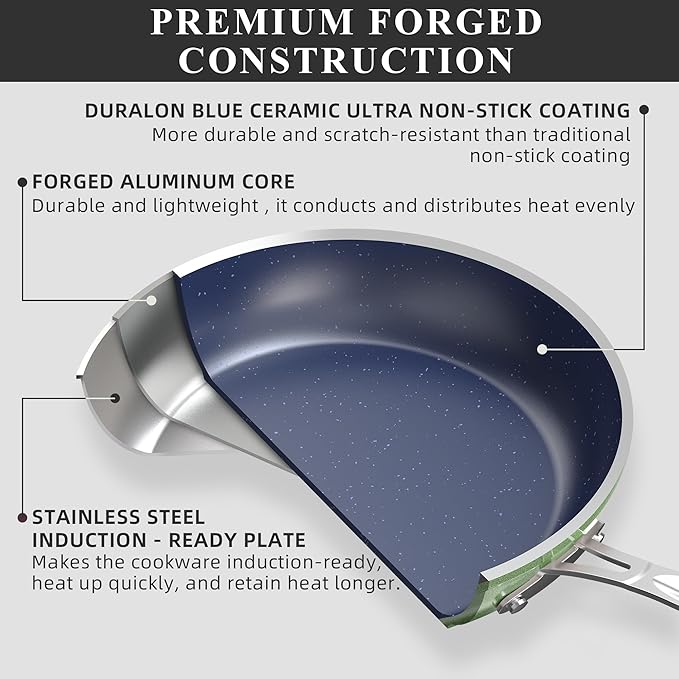 Nuwave Healthy Duralon Blue Ceramic Nonstick Cookware Set, Diamond Infused Scratch-Resistant, PFAS Free, Dishwasher & Oven Safe, Induction Ready & Evenly Heats, Tempered Glass Lids & Stay-Cool Handles - Image 3