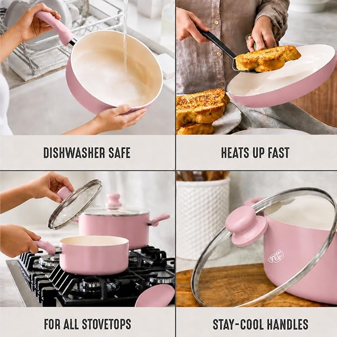 GreenLife 5 Quart Nonstick Stock Pot with Lid, Non-Toxic Ceramic Pot, Dishwasher Safe, Induction Ready, Fast Heating, Stay-Cool Handles, Kitchen Casserole, Soup, Pasta, Easy Clean, Blush Pink