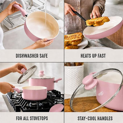 GreenLife 5 Quart Nonstick Stock Pot with Lid, Non-Toxic Ceramic Pot, Dishwasher Safe, Induction Ready, Fast Heating, Stay-Cool Handles, Kitchen Casserole, Soup, Pasta, Easy Clean, Blush Pink